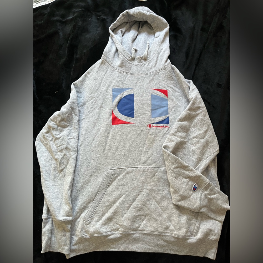 Champion Light Gray Hoodie with Red and Blue Accents